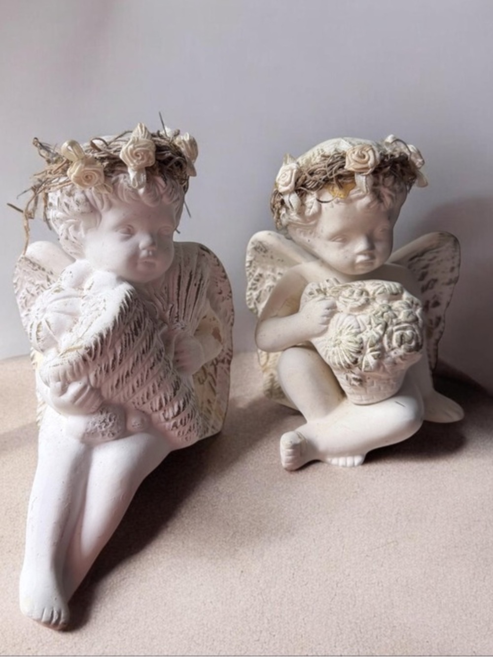 Cherub Angel Figurine Pair in Cream - Decorative Home Art vintage